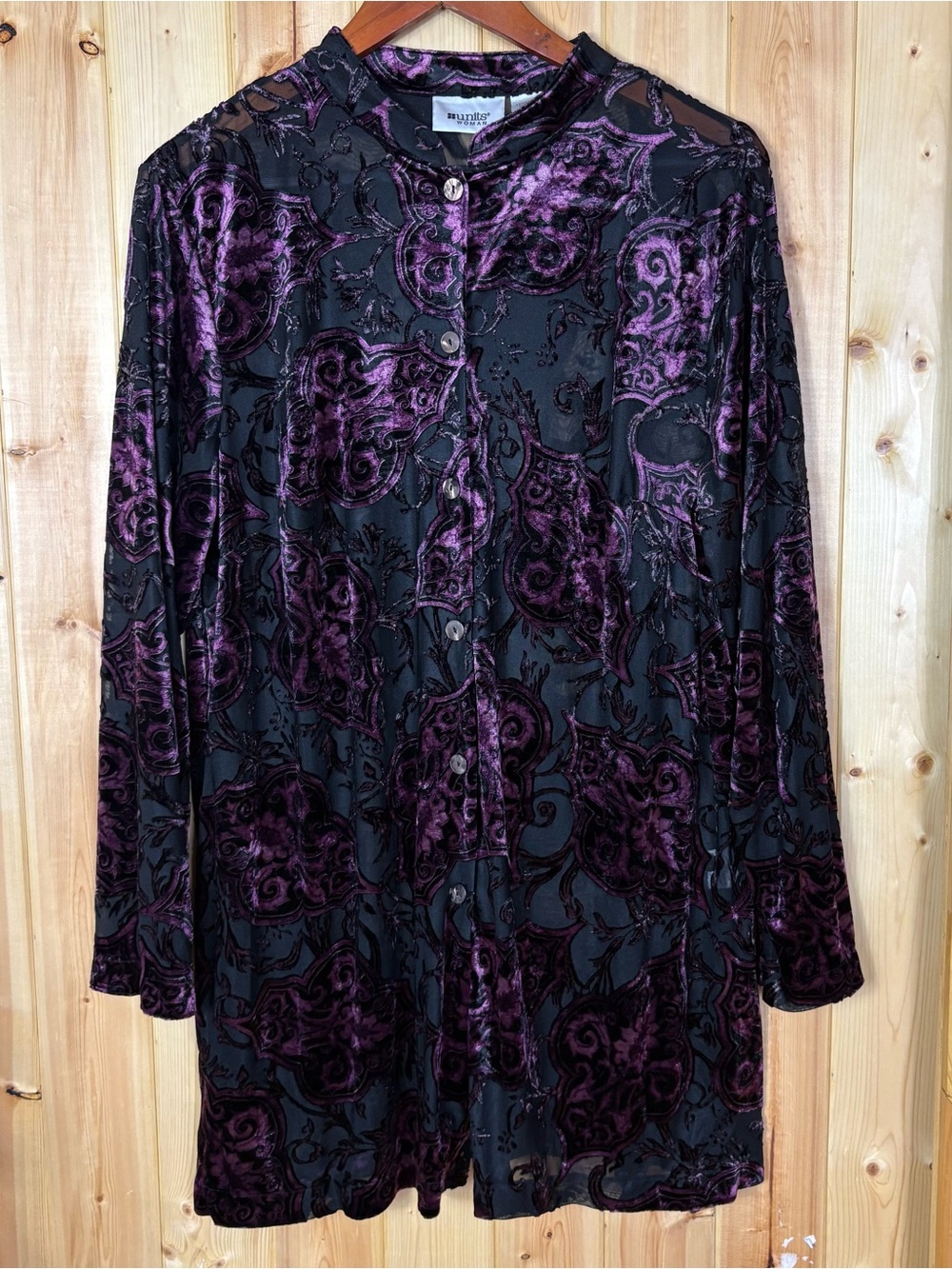 Units Woman 1X Purple Black Burnout Velvet Paisley Mesh Tunic Duster Goth Boho